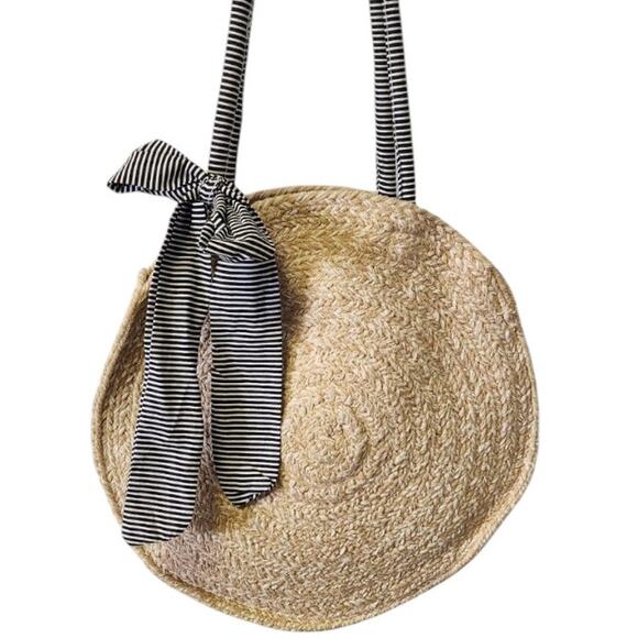 Fifth & Luxe Boho Woven Round Tan Rafia Striped Handle Beach Resort Purse Bag - Picture 1 of 7